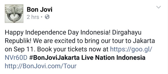 Bon Jovi Tweets on Indonesia Independence Day